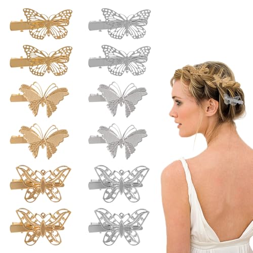 TRKETK 12 Stück Schmetterling Haarspangen Rutschfeste Haarspangen Glitzer Metall Clip Gold und Silber Butterfly Haarschmuck Modische Styling-Accessoires für Frauen und Mädchen von TRKETK