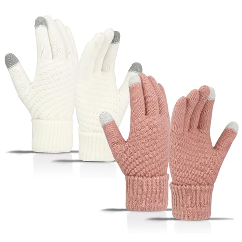 TRKETK 2 Paar Damen Handschuhe Winter, Dehnbar Strick Touchscreen Fäustlinge Damen Winter-Touchscreen-Handschuhe Gedehnt Laufhandschuhe Warm Tippen SMS Handschuhe (Weiß, Rosa) von TRKETK
