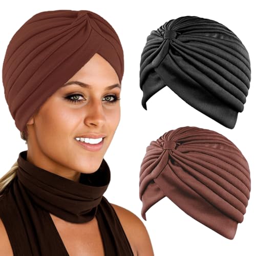TRKETK 2 Stück Turban Damen Chemo Hüte, Front Chemo Kopfbedeckung Vorgebunden Beanie Kopfbedeckung Kopfwickel Kappe Haarausfall Hut Weiche Schlafkappe Dehnen für Krebs Patient Haarausfall, 2 Colors von TRKETK