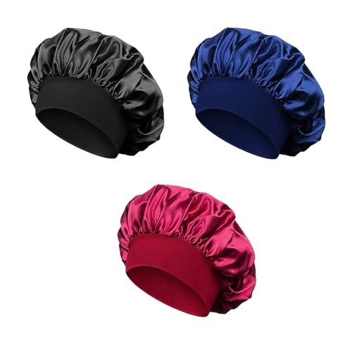 TRKETK 3 Stück Satin Bonnet Weiche und Bequeme Satin-Schlafmütze Nachtmütze Haarhaube mit Elastischem Band Verstellbare Schlafkappe für Damen und Mädchen von TRKETK