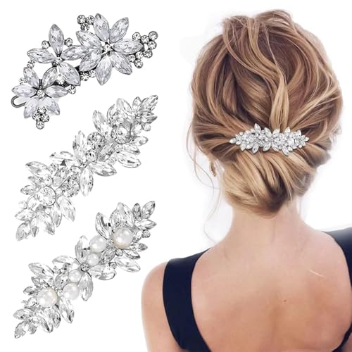 TRKETK 3 Stück Strass Haarspangen, Silberne Hochzeits-Haarnadeln Kristallperle Haarspangen Blume Hochzeit Kopfbedeckung Kristall Blume Haarspange Haarschmuck Hochzeit für Bräute Brautjungfern Mädchen von TRKETK
