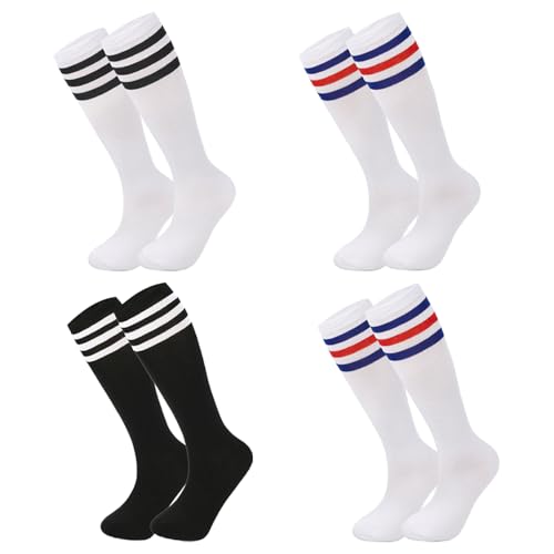 TRKETK 4 Paar Kinder Fußball Socken, Gestreift Knie hohe Baumwolle Socken Uniform Sport Lange Rohr Socken Atmungsaktive Trainingssocken für Jungen Mädchen Kind 3-9 Jahre alt von TRKETK