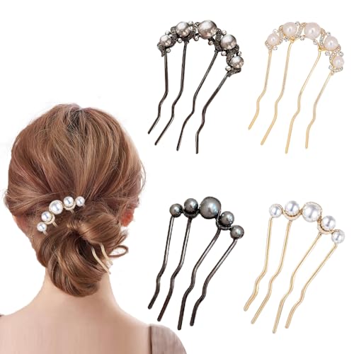 TRKETK 4 Stück Perlen Haarnadeln in U Form Damen Perle Französisch Haarklammer Metall Haarnadel Vintage Haargabel Clips für Frauen Hochzeiten und Partys Dickes Haar Dutts Twist-Haargabel von TRKETK