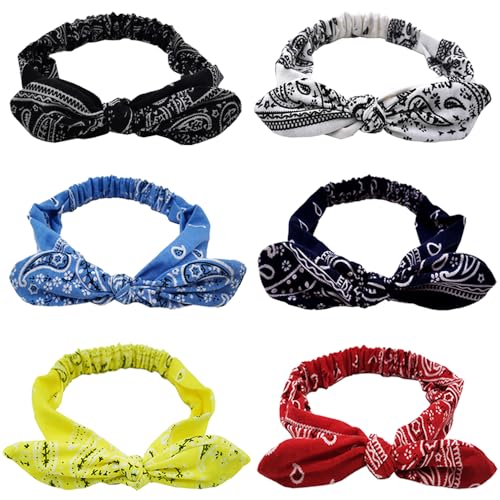 TRKETK 6 Stück Paisley Stirnbänder, Boho Bogen Bandana Knoten Kopfbedeckung 90er Jahre Outfit Mädchen Frauen Accessoires Retro Blume Gedruckt Elastische Kaninchen Ohr Haarband für Mädchen und Damen von TRKETK