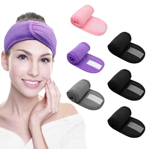 TRKETK 6 Stück Spa Stirnband, Selbstklebendes Handtuch Verstellbar Hautpflege Haarband Gesichtsbehandlung Damen Make-up Haarband Mikrofaser Kosmetik Stirnband für Duschen, Make Up, Sport von TRKETK