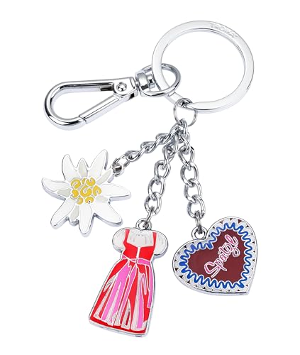 TROIKA OKTOBERFEST Schlüsselanhänger Dirndl mit Karabiner und 3 Anhängern Dirndl Edelweiß Spatzl Accessoires Oktoberfest Frauen Geschenk Oktoberfest Mitbringsel Metall, Emaille Original von TROIKA