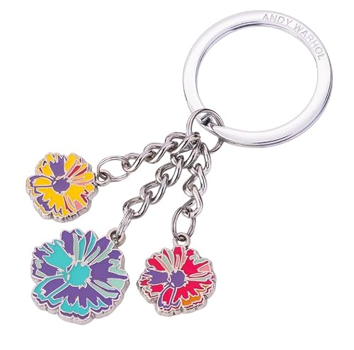 TROIKA Schlüsselanhänger ANDY WARHOL – 3 Charms „FLOWER“ – Metall glänzend, farbig emailliert – Kunst Schlüsselring – Offiziell lizenziert – Geschenk für Pop-Art Fans von TROIKA