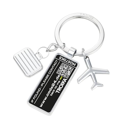 TROIKA Schlüsselanhänger Adressanhänger CODE24 – 3 Charms: Flugzeug, Koffer und Plakette – Inkl. 2 Jahre kostenlosem Fundservice nach Registrierung – Metallguss – verchromt – silberfarben von TROIKA