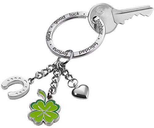 TROIKA Schlüsselanhänger Hufeisen Kleeblatt Herz GLÜCKSBRINGER KLEE – XL-Ring graviert mit "Glück" in verschiedenen Sprachen – grün, silberfarben von TROIKA