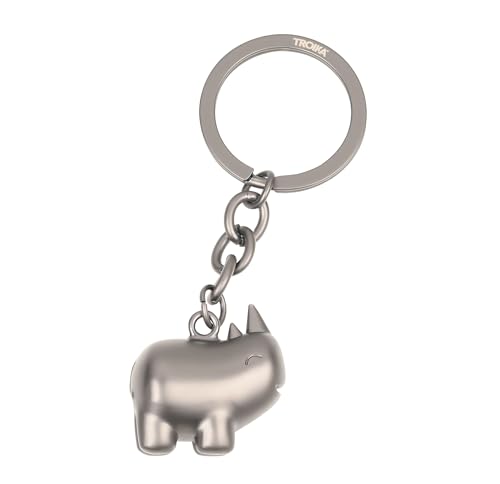 TROIKA Schlüsselanhänger Nashorn – HAPPY RHINO – Rundliches, gut gelauntes Rhinozeros, Schlüsselring Keychain Tier niedliches Geschenk – Metallguss – verchromt – gunmetal Original von TROIKA