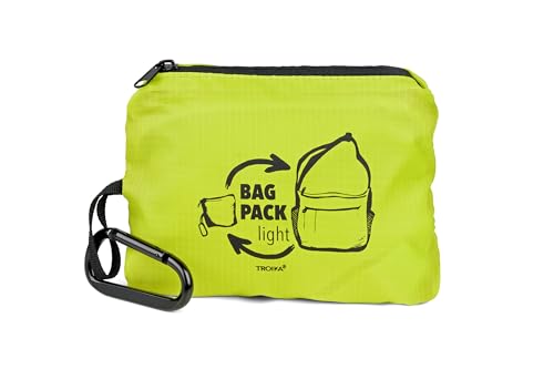 Schultertasche faltbar (platzsparend im Innenfach verstaubar) mit Karabiner zur schnellen Befestigung – BAG PACK – großes Hauptfach, kleines Innenfach und Außenfach – Polyester – grün von TROIKA
