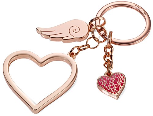Troika Schlüsselanhänger mit 3 Anhängern, Herz (groß), Herz(klein), Flügel, Metallguss/Emaille, glänzend, Blush Gold von TROIKA