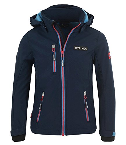 Trollkids Kinder Softshell Jacke Preikestolen, Marineblau/Mittelblau/Rot, Größe 110 von Trollkids