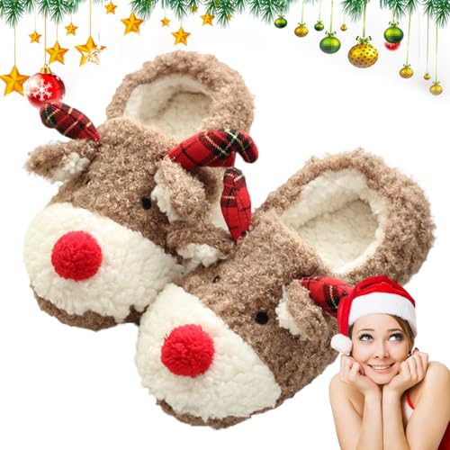 Süße Weihnachtshausschuhe | Superweiche warme Winter-Weihnachts-Plüschhausschuhe | Rutschfeste, flauschige Rentier-Hausschuhe, Weihnachts-Schlafzimmerschuhe für Damen, Mädchen, Kinder, Kinder, Troonz von TROONZ