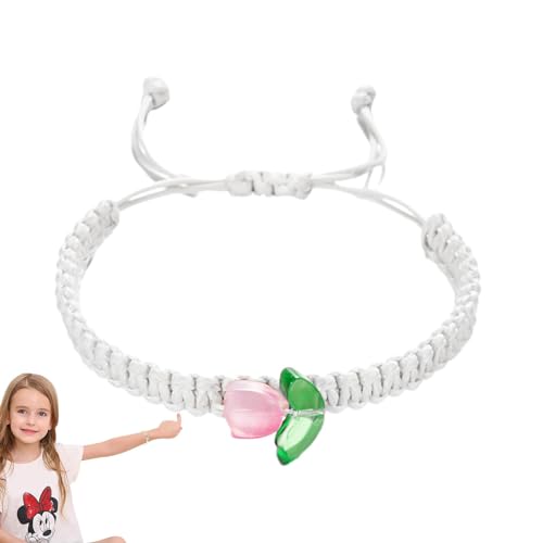 TROONZ Blumenarmband, handgefertigtes gewebtes Stoffarmband - Geflochtene Armbänder mit Blumen-Tulpen-Schnur,Verstellbares Bohemian-Armband mit Perlen für Teenager-Mädchen von TROONZ