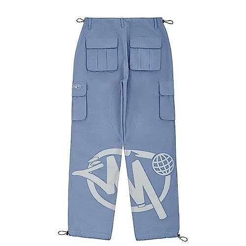 TROONZ Minus Two Cargo Hose Streetwear Minus Two Gerade Hose Street Pocket Hohe Hip Hop Pants Taille Gedruckt,Blau,S von TROONZ