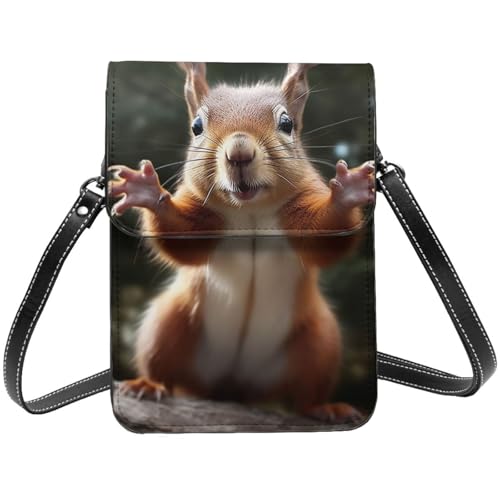 Kleine Umhängetasche aus Leder für Damen, Handy, Geldbörse, Eichhörnchen, lustige Tier-Handytasche von TRSGKSQP