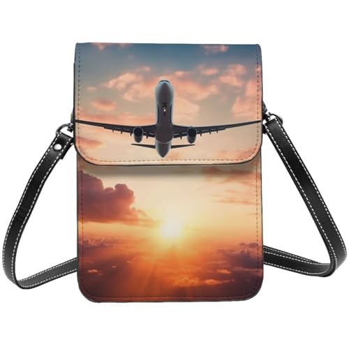 Kleine Umhängetasche aus Leder für Damen, Handy, Geldbörse, Flugzeug, Sonnenuntergang, Himmel, Handytasche von TRSGKSQP