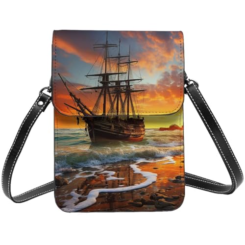 Kleine Umhängetasche aus Leder für Damen, Handy, Geldbörse, Piratenschiff im Sonnenuntergang, Handytasche von TRSGKSQP