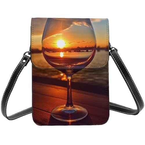 Kleine Umhängetasche aus Leder für Damen, Handy, Geldbörse, Weinglas im Sonnenuntergang, Handytasche von TRSGKSQP