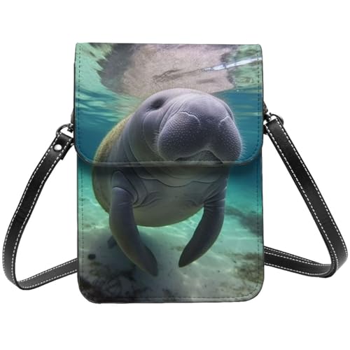 Kleine Umhängetasche aus Leder für Damen, Handy-Geldbörse, Handy-Geldbörse, niedliches Meerestier, Seekuh, Handytasche von TRSGKSQP