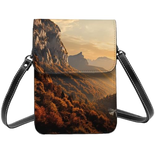 Kleine Umhängetasche aus Leder für Damen, Handygeldbörse, Handy-Geldbörse, Berge im Sonnenuntergang, Handytasche von TRSGKSQP