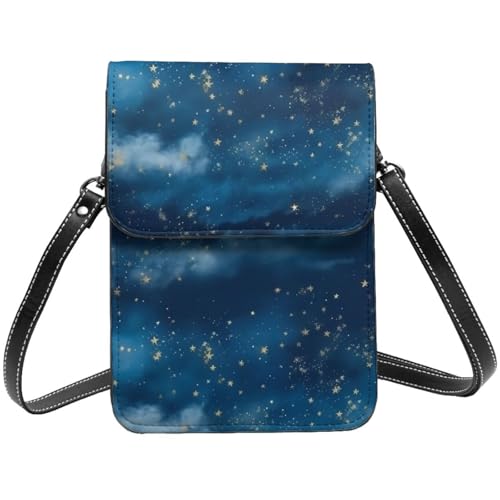Kleine Umhängetasche aus Leder für Damen, Handygeldbörse, Handy-Geldbörse, Blau mit Himmelssternen, Handytasche von TRSGKSQP