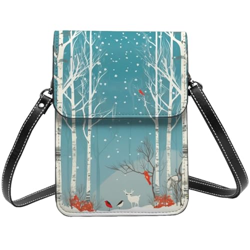 Kleine Umhängetasche aus Leder für Damen, Handygeldbörse, Handy-Geldbörse, Frohe Weihnachten, Birkenbaum, Handytasche von TRSGKSQP