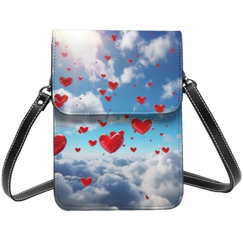 Kleine Umhängetasche aus Leder für Damen, Handygeldbörse, Handy-Geldbörse, Herzen im Himmel, Handytasche von TRSGKSQP