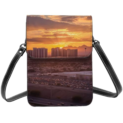 Kleine Umhängetasche aus Leder für Damen, Handygeldbörse, Handy-Geldbörse, Las Vegas, Sonnenuntergang, Handytasche von TRSGKSQP