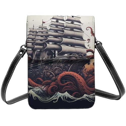 Kleine Umhängetasche aus Leder für Damen, Handygeldbörse, Handy-Geldbörse, Oktopus-Tentakel mit Schiffs-Handytasche von TRSGKSQP