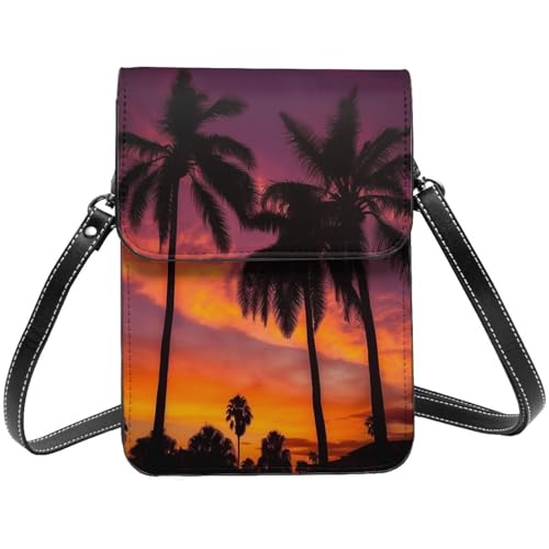 Kleine Umhängetasche aus Leder für Damen, Handygeldbörse, Handy-Geldbörse, Palme, Sonnenuntergang, Handytasche von TRSGKSQP