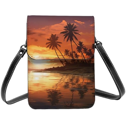 Kleine Umhängetasche aus Leder für Damen, Handygeldbörse, Handy-Geldbörse, Palme, Sonnenuntergang, Handytasche von TRSGKSQP