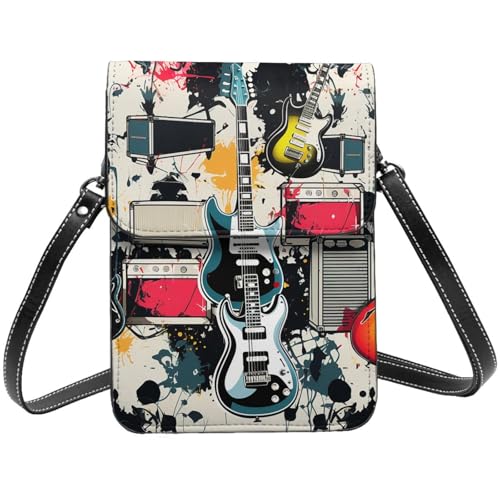 Kleine Umhängetasche aus Leder für Damen, Handygeldbörse, Handy-Geldbörse, Rockmusik-Muster, Handytasche von TRSGKSQP