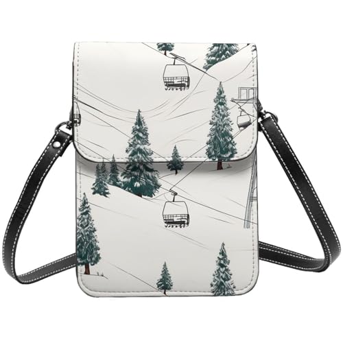 Kleine Umhängetasche aus Leder für Damen, Handygeldbörse, Handy-Geldbörse, Skilift mit Tannenbaum-Handytasche von TRSGKSQP