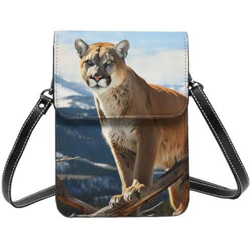 Kleine Umhängetasche aus Leder für Damen, Handygeldbörse, Handy-Geldbörse, Tier, Berglöwe, Handytasche von TRSGKSQP