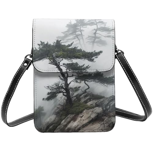 Kleine Umhängetasche aus Leder für Damen, Handygeldbörse, Handy-Geldbörse, neblige Bergkiefer, Handytasche von TRSGKSQP