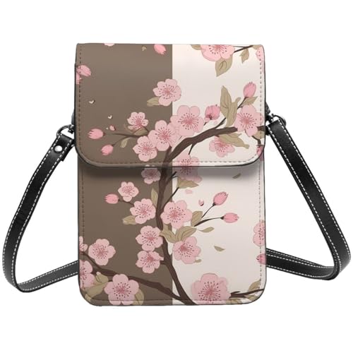 Kleine Umhängetasche aus Leder für Damen, Handygeldbörse, Handy-Geldbörse, romantische Kirschblüten, Handytasche von TRSGKSQP