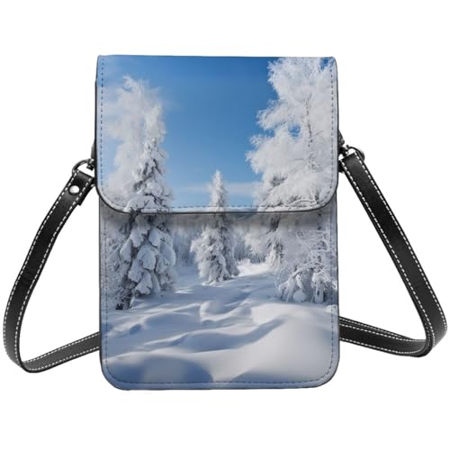 Kleine Umhängetasche aus Leder für Damen, Handygeldbörse, Handy-Geldbörse, schneebedeckte Winterbäume, Handytasche von TRSGKSQP