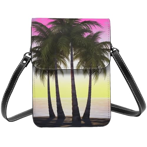 Kleine Umhängetasche aus Leder für Damen, Handygeldbörse, Handy-Geldbörse, tropische Palme, Handytasche von TRSGKSQP