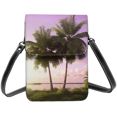Kleine Umhängetasche aus Leder für Damen, Handygeldbörse, Handy-Geldbörse, tropischer Baum, Handytasche von TRSGKSQP