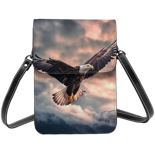 Kleine Umhängetasche aus Leder für Damen, Handygeldbörse, Handygeldbörse, Der Adler fliegt mutig im Himmel von TRSGKSQP