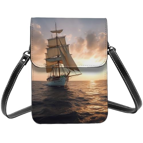 Kleine Umhängetasche aus Leder für Damen, Handygeldbörse, Handygeldbörse, Weiß, Segelschiff bei Sonnenuntergang von TRSGKSQP