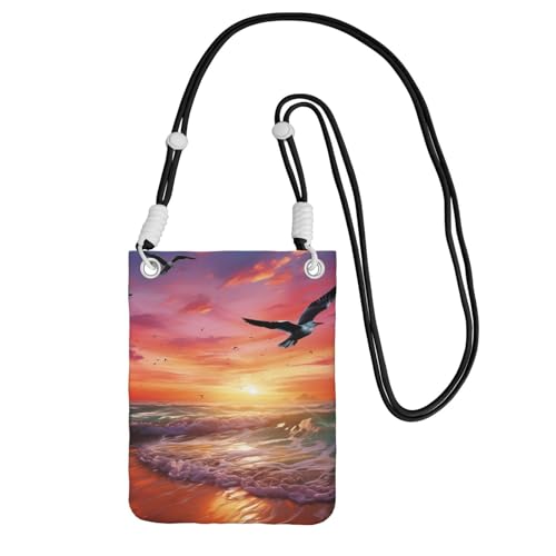 Kleine Umhängetasche für Damen, Handy-Geldbörse, Mini-Handygeldbörse, Möwe, fliegt über bunten Himmel, Handytasche, Schwarz , Einheitsgröße von TRSGKSQP