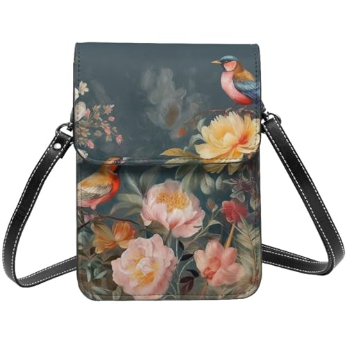 TRSGKSQP Kleine Umhängetasche aus Leder für Damen, Handy, Geldbörse, Blumen, Vögel, Handytasche von TRSGKSQP