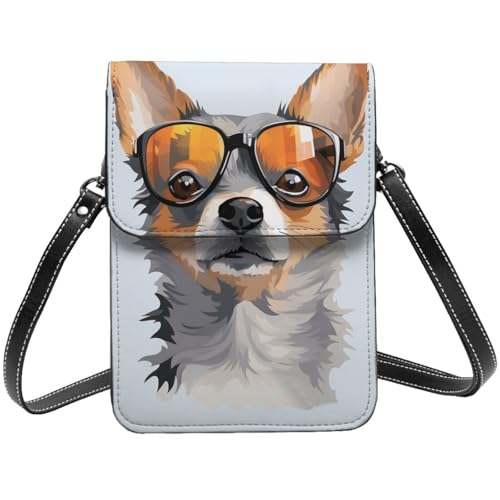 TRSGKSQP Kleine Umhängetasche aus Leder für Damen, Handy, Geldbörse, Chihuahua, Hund, Brille, Handytasche von TRSGKSQP