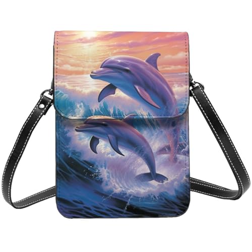 TRSGKSQP Kleine Umhängetasche aus Leder für Damen, Handy, Geldbörse, Delfine, Kunst, Handytasche von TRSGKSQP