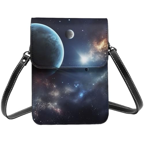 TRSGKSQP Kleine Umhängetasche aus Leder für Damen, Handy, Geldbörse, Mond, Sterne und Planeten, Handytasche von TRSGKSQP