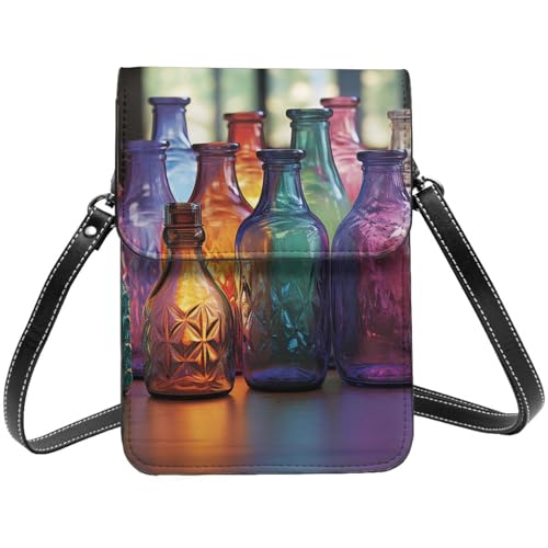 TRSGKSQP Kleine Umhängetasche aus Leder für Damen, Handy, Geldbörse, bunte Glasflasche, Handytasche von TRSGKSQP