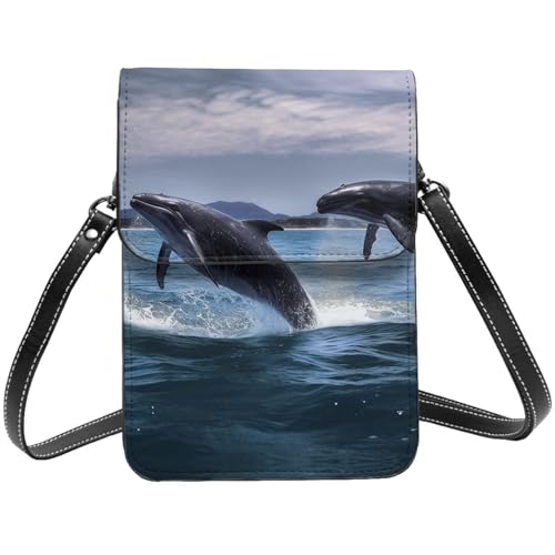 TRSGKSQP Kleine Umhängetasche aus Leder für Damen, Handy, Geldbörse, springende Wale, Handytasche von TRSGKSQP